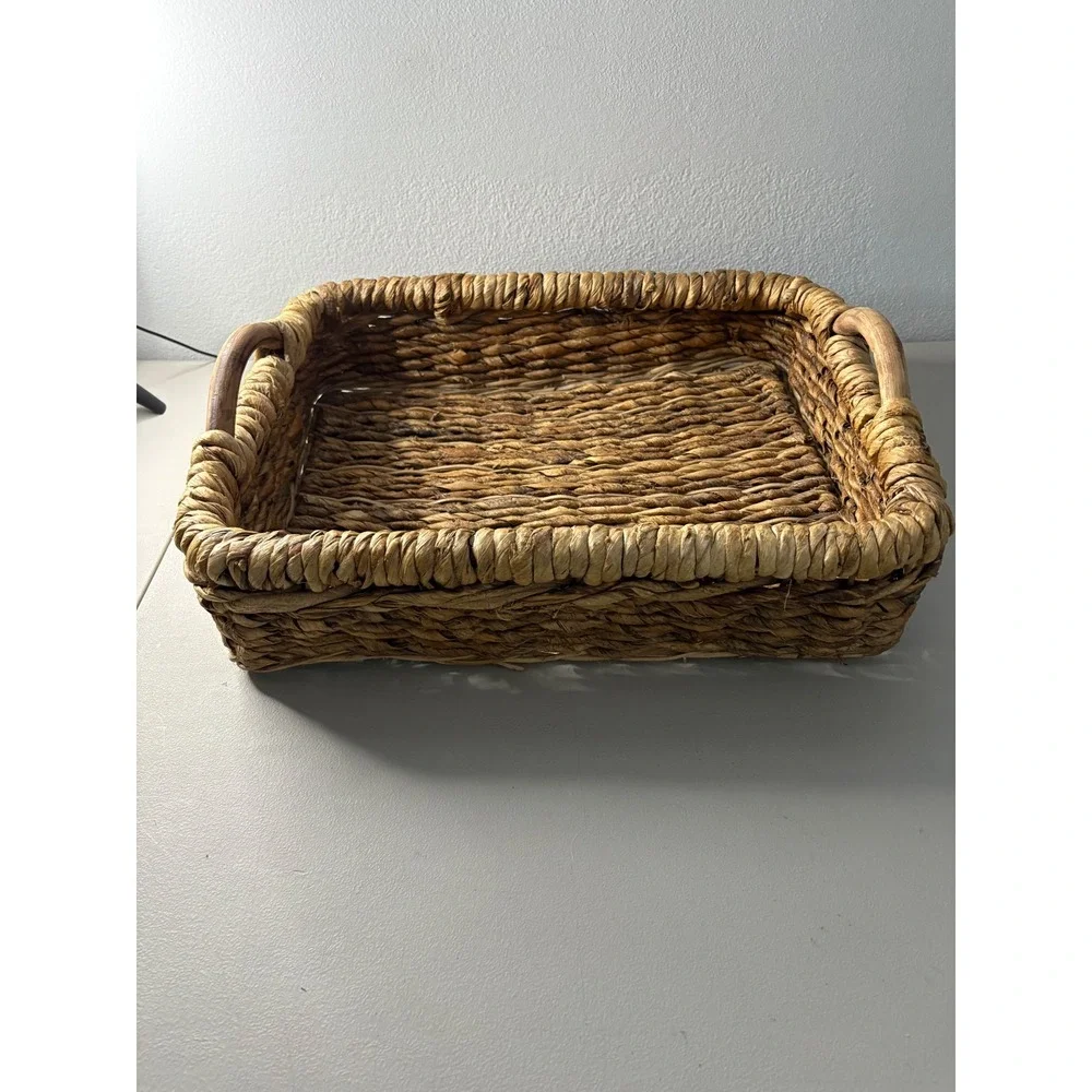 Natural‎ Woven Seagrass Tray Rectangular Basket with Wood Handles Brown 17x13